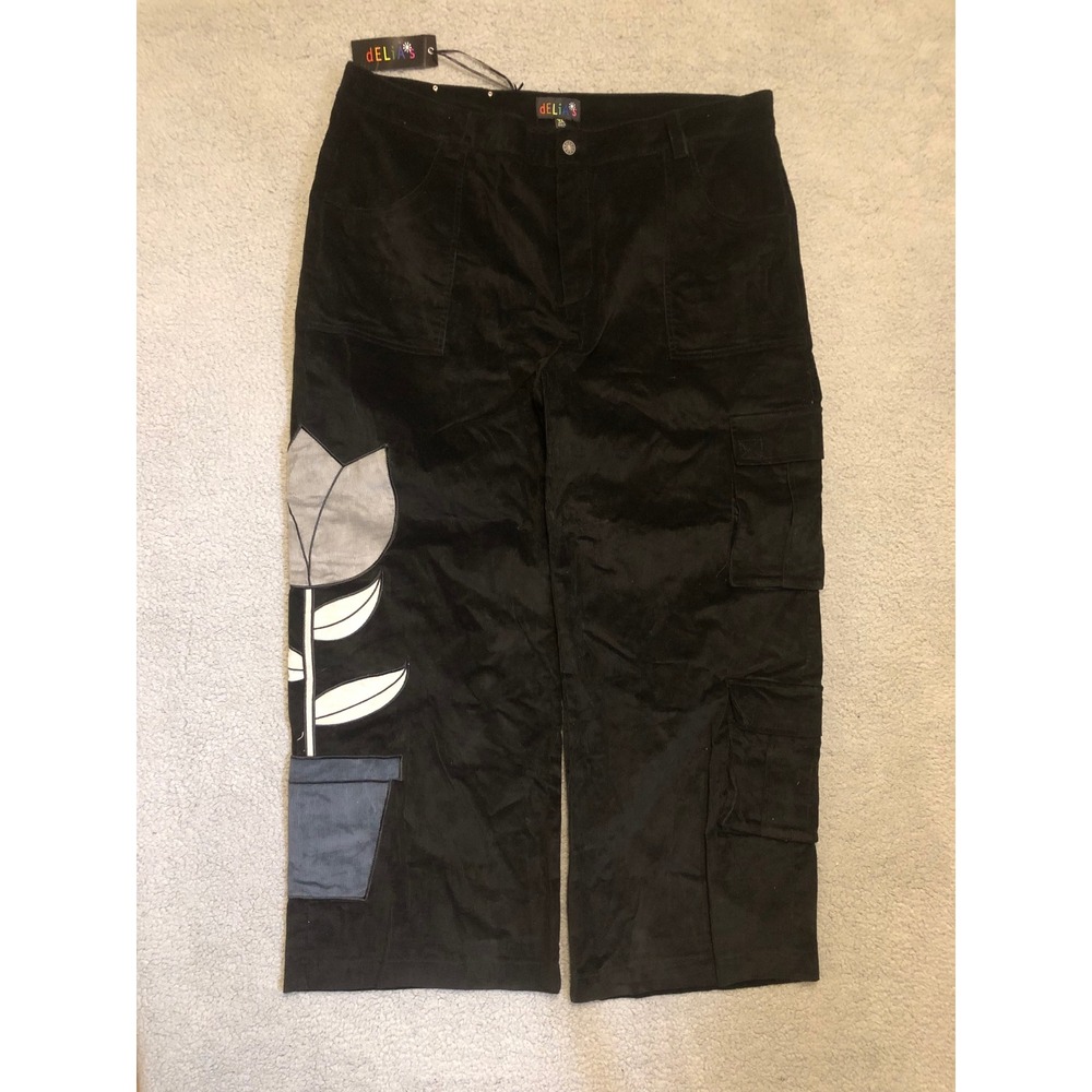 NWT dELiA*s by Dolls Kill Black Corduroy Flower Cargo Pants 3X Skater Vtg Style
